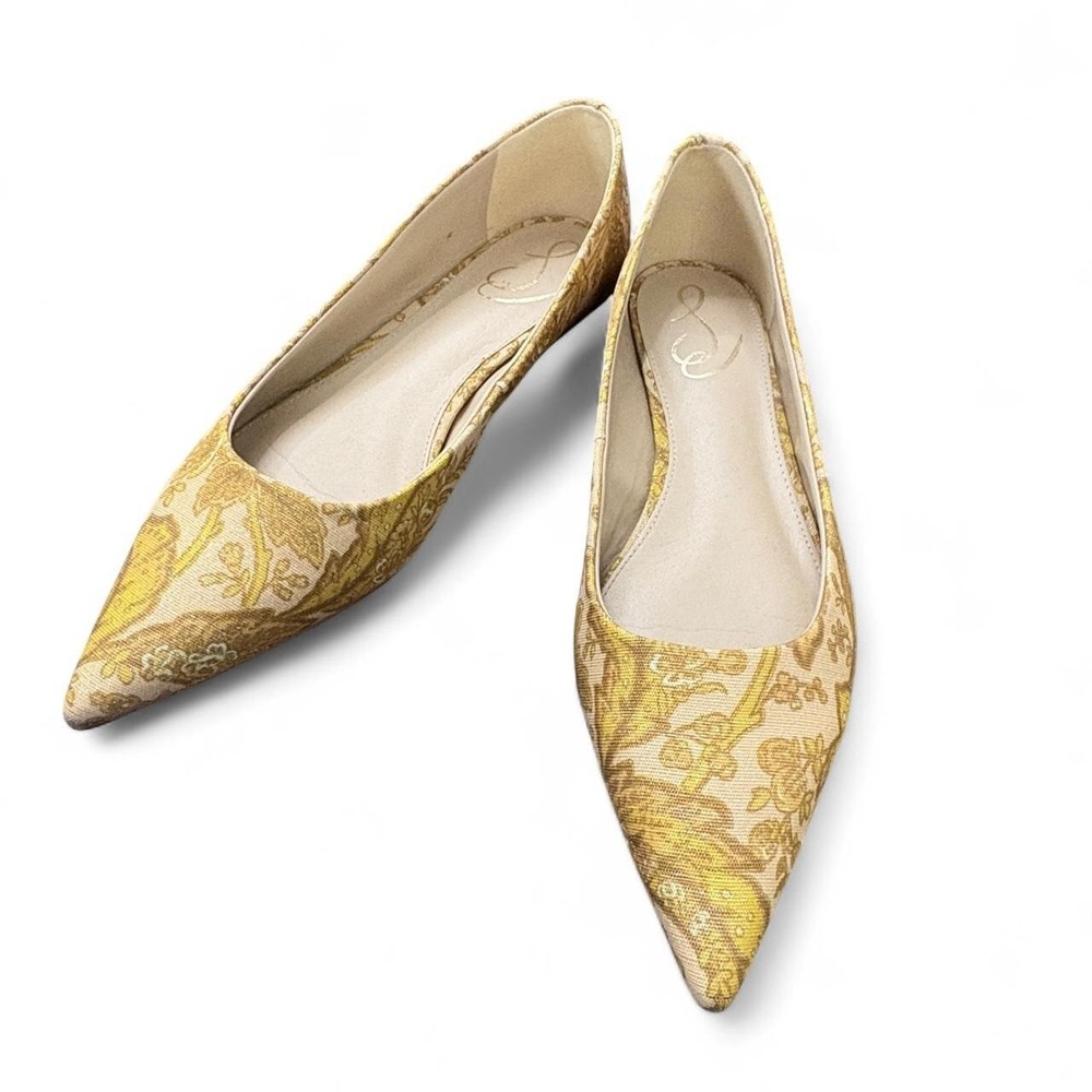 Sam Edelman Women shoe 9.5M Wanda Pointed Ballet Flats Gold Yellow Floral Satin